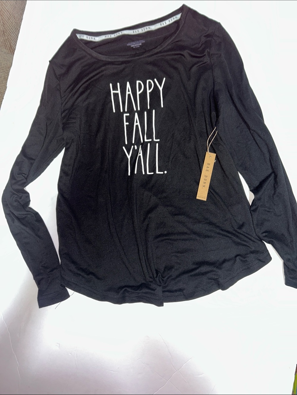 Rae Dunn Black Long Sleeve Tee with "Happy Fall Y'all" Print